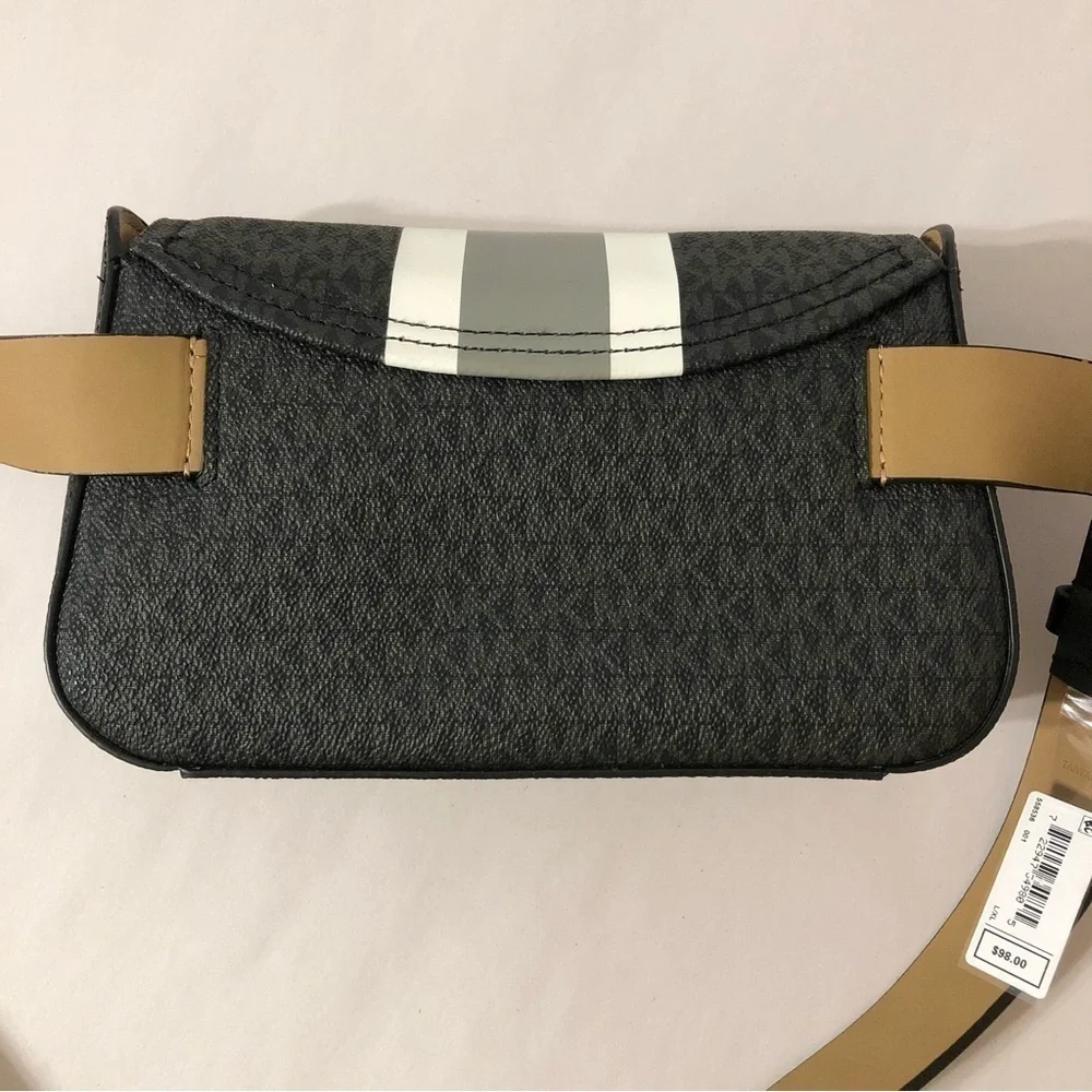 NWT Michael Kors Black and Gray Crossbody Logo Belt Bag with Stripe size L/XL